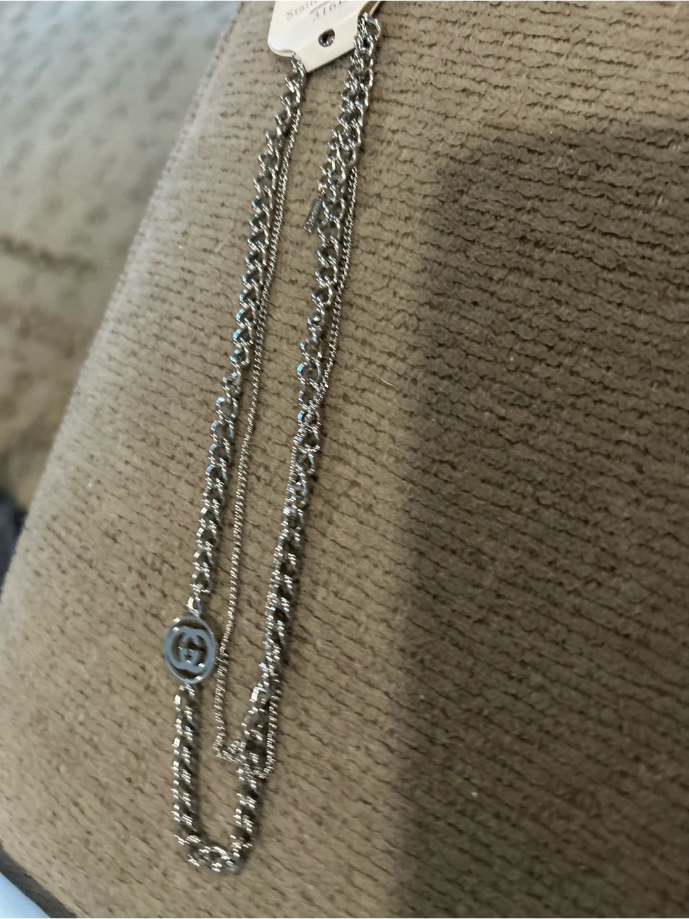 Silver-Tone Double Chain Necklace with Logo Pendant, NEW stainless - Picture 4 of 5